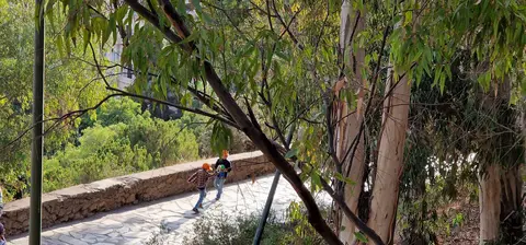 Dos participantes recorren un sendero arbolado en Gibralfaro.