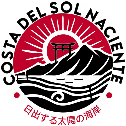 Logotipo circular de Costa del Sol Naciente con sol rojo, montes, mar y torii.