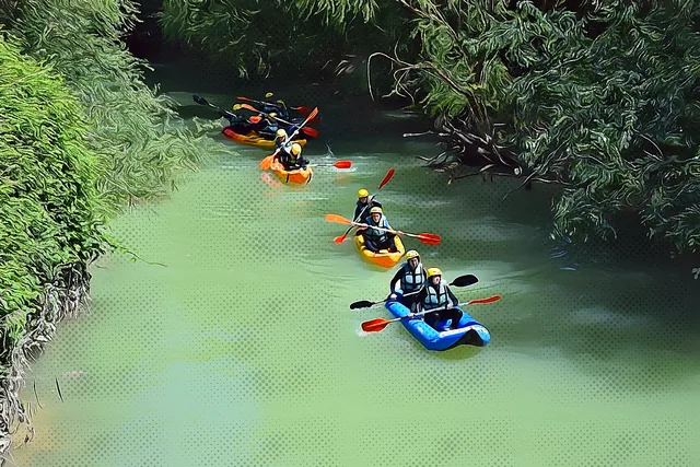Grupo de piraguas avanzando por un río entre vegetación.