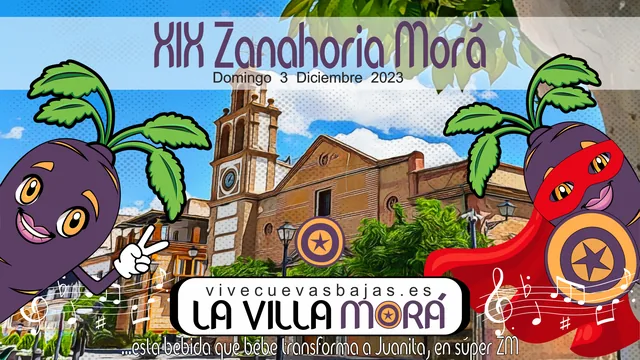 Cartel ilustrado de La Villa Morá con personajes vegetales y una iglesia.